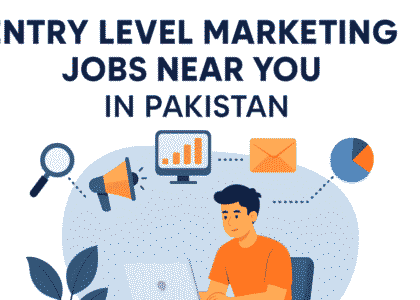 Illustration of a young marketer using a laptop with digital marketing icons, representing entry level marketing jobs near you in Pakistan in 2025.