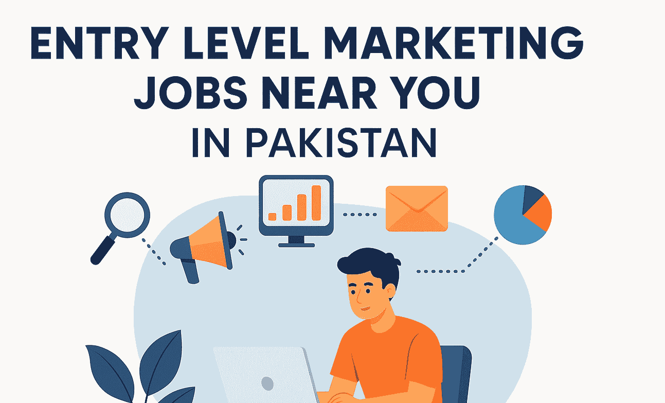 Illustration of a young marketer using a laptop with digital marketing icons, representing entry level marketing jobs near you in Pakistan in 2025.
