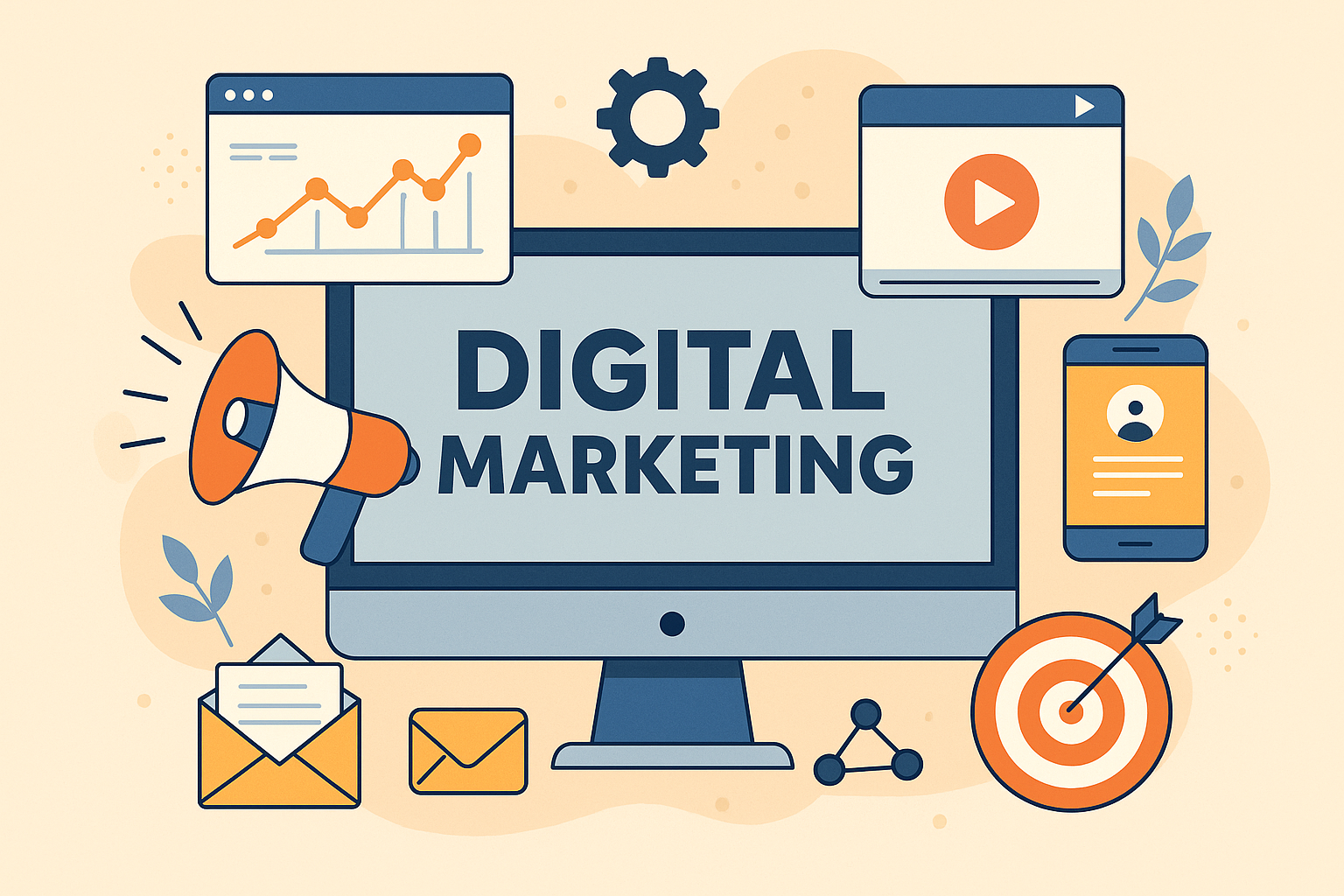 Flat-style digital illustration showing various digital marketing channels including SEO, email marketing, and social media