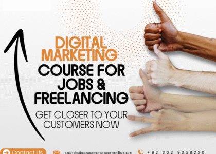 Digital marketing course with laptop, charts, and students studying online