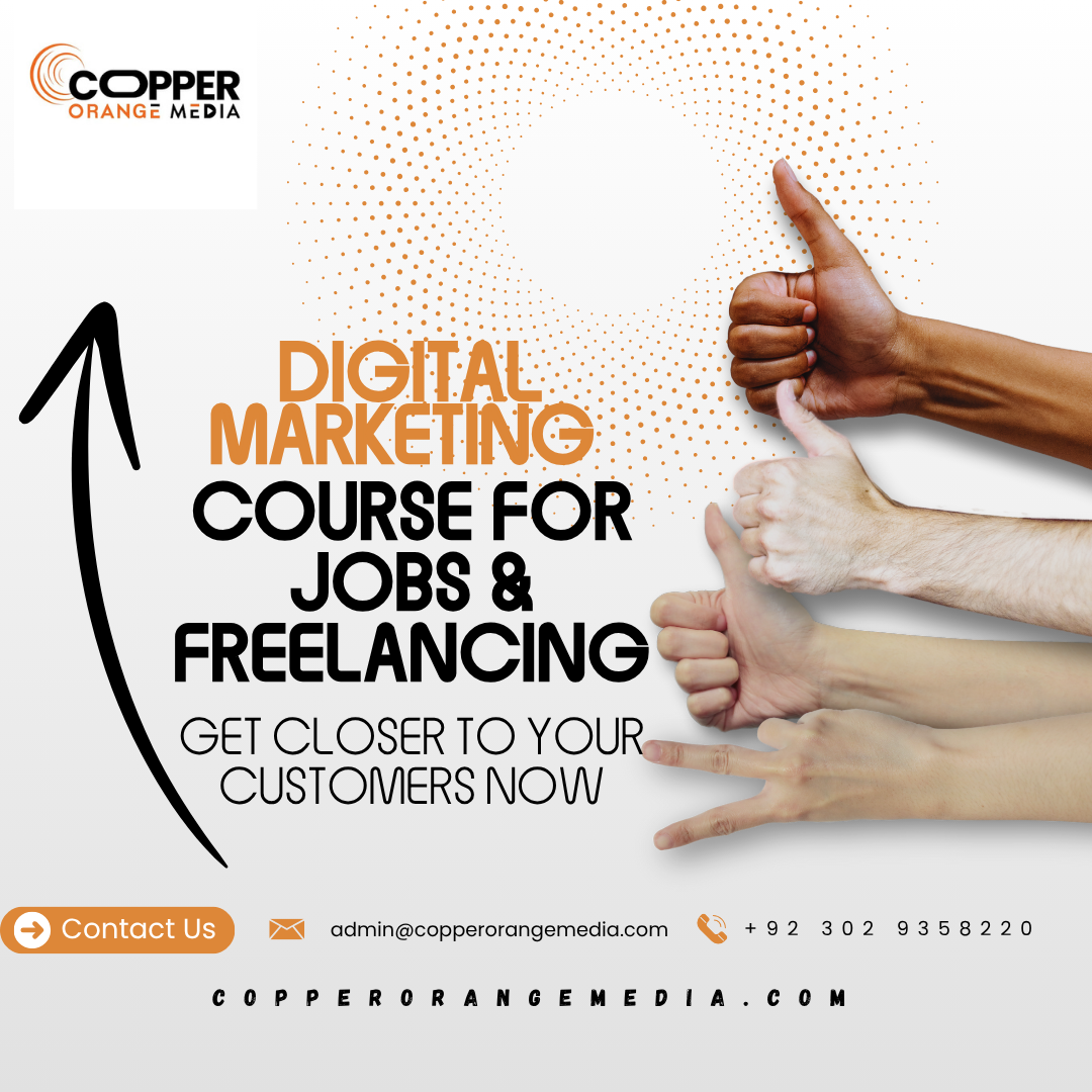 Digital marketing course with laptop, charts, and students studying online