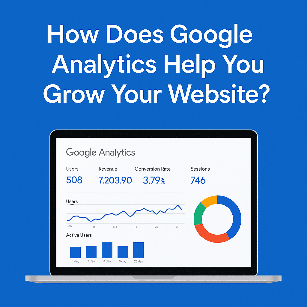 Laptop screen showing Google Analytics dashboard with key metrics like users, sessions, and conversion rate under the question “How Does Google Analytics Help You Grow Your Website?