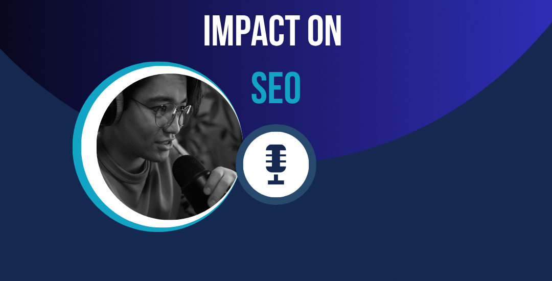 A promotional graphic titled "The Rise of Voice Search and Its Impact on SEO" by Copper Orange Media, featuring a person speaking into a microphone and a discussion about online business.