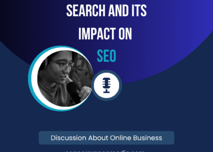 A promotional graphic titled "The Rise of Voice Search and Its Impact on SEO" by Copper Orange Media, featuring a person speaking into a microphone and a discussion about online business.