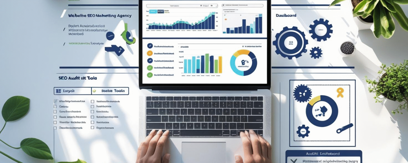 Laptop displaying SEO audit dashboard with analytics and tools for digital marketing in Pakistan