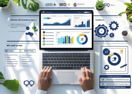 Laptop displaying SEO audit dashboard with analytics and tools for digital marketing in Pakistan