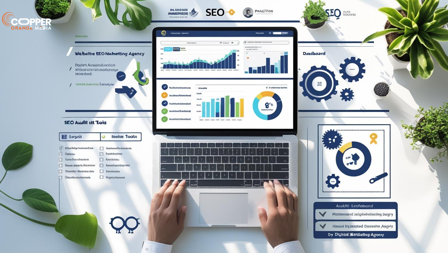 Laptop displaying SEO audit dashboard with analytics and tools for digital marketing in Pakistan