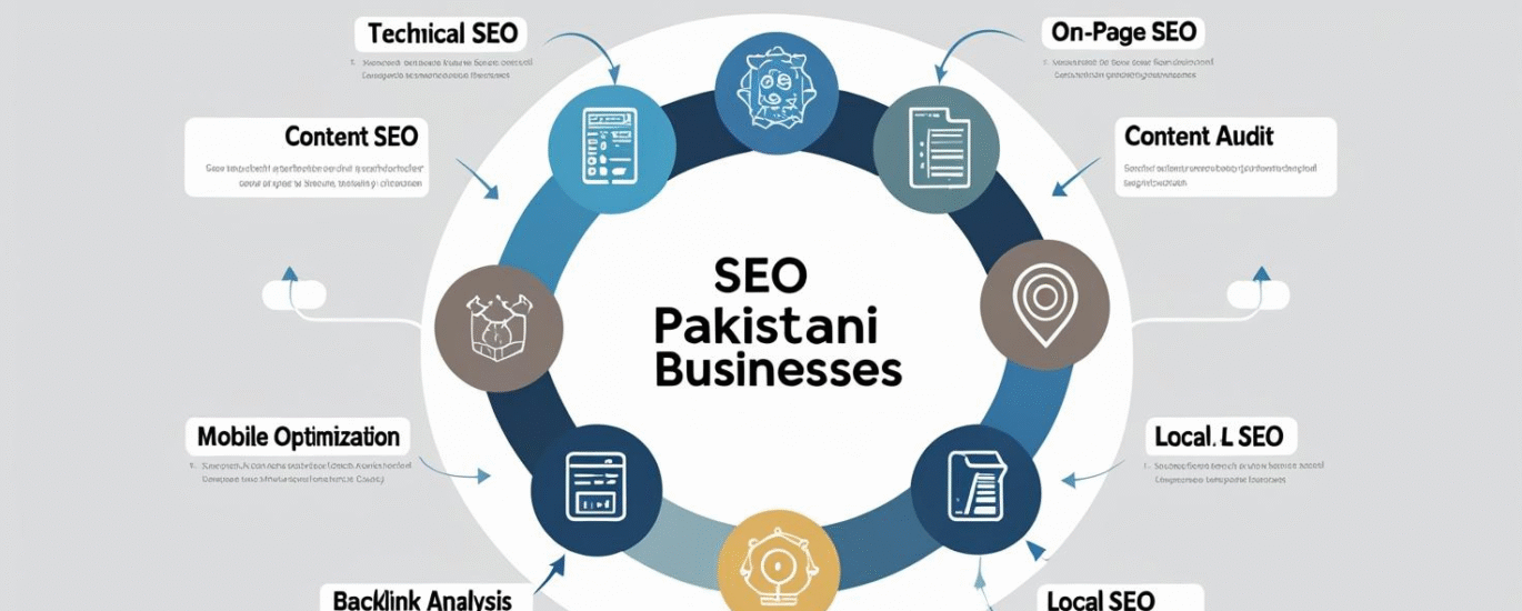Step-by-step infographic of SEO audit process including technical, on-page, content, and local SEO