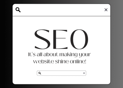 Illustration showing SEO strategy on a digital screen with graphs and tools.