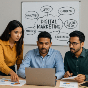 Marketing professionals collaborating on a digital marketing strategy with SEO, content, and analytics planning