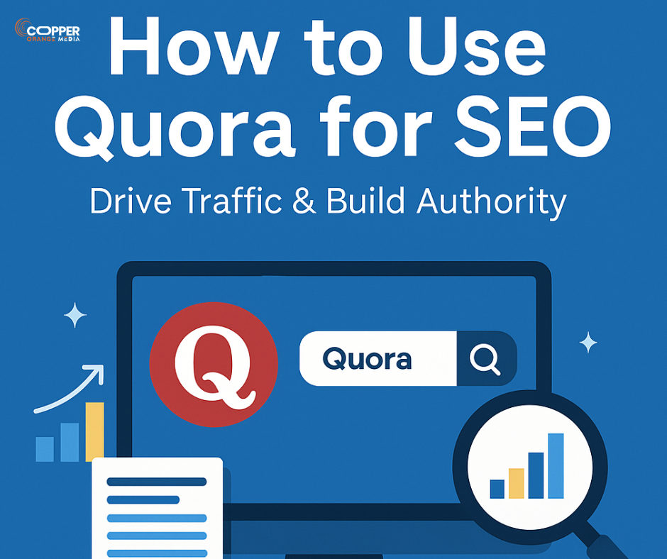 Illustration showing how to use Quora for SEO with a computer screen, Quora logo, search bar, chart, and content icons