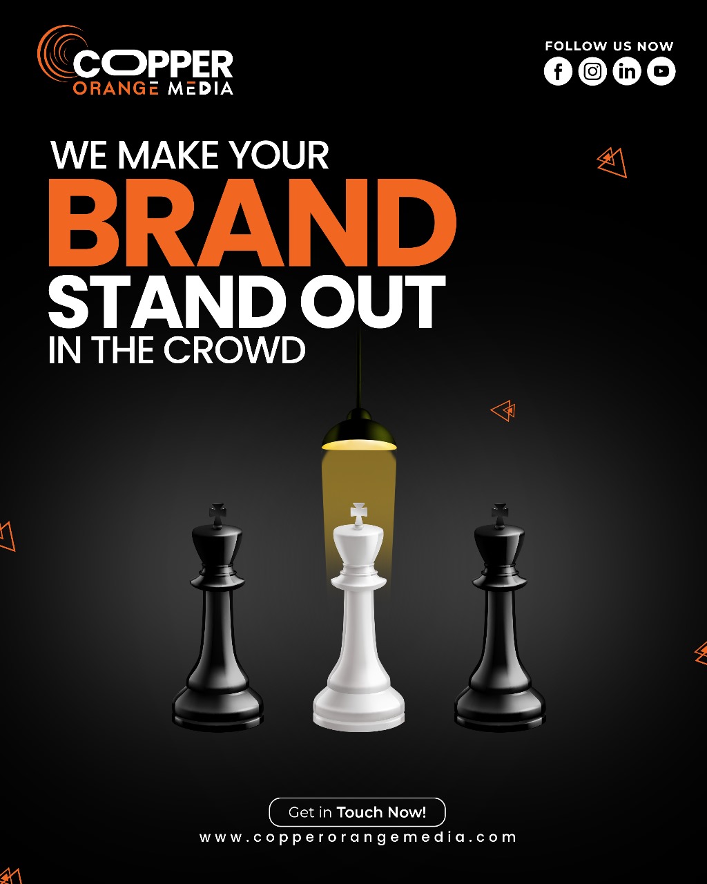Chess piece standing out under spotlight with text "We Make Your Brand Stand Out