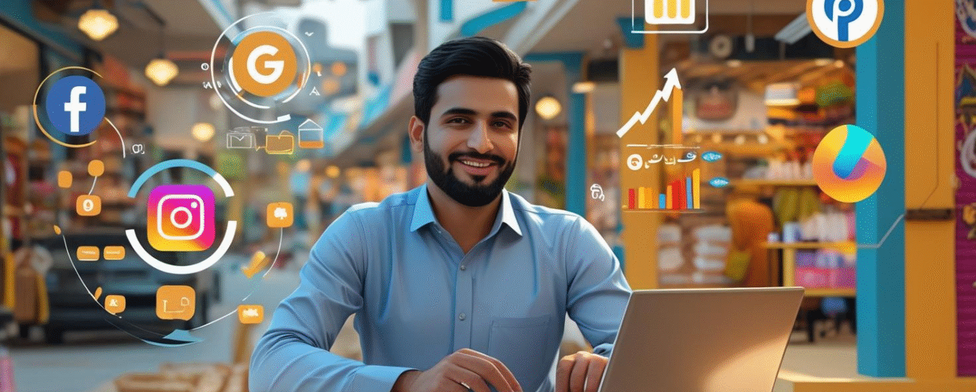 Pakistani business owner using laptop and phone with digital marketing icons around