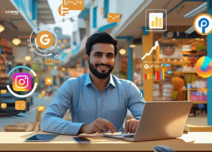 Pakistani business owner using laptop and phone with digital marketing icons around