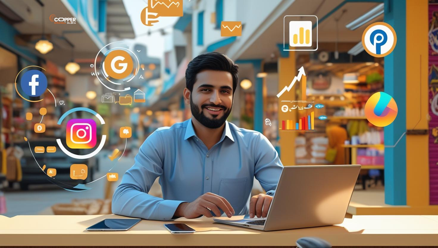 Pakistani business owner using laptop and phone with digital marketing icons around