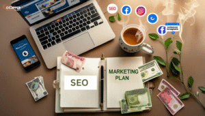 Digital marketing setup on a Pakistani business desk with laptop, phone, chai, and notebook
