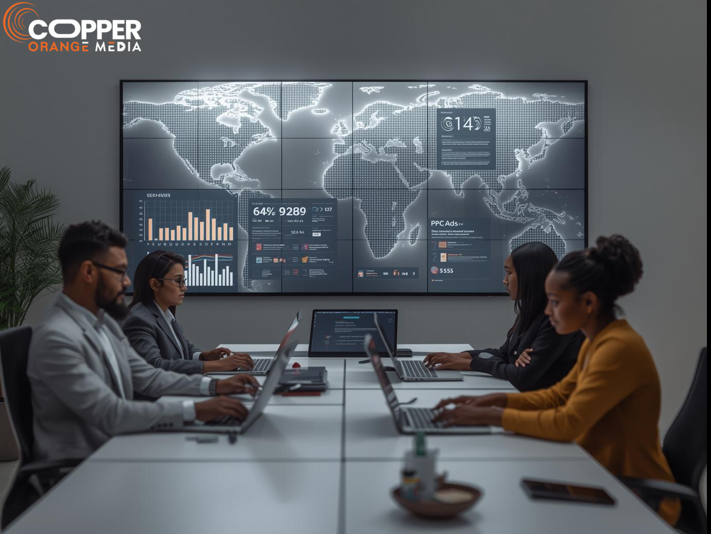 Digital marketing team working with laptops, SEO graphs, PPC ads, and social media icons with global map background.