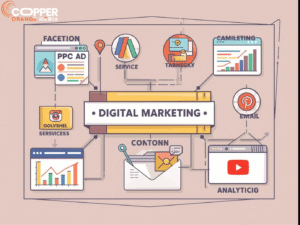 Business owner shaking hands with digital marketing consultant, with rising graphs and social media visuals in the background.