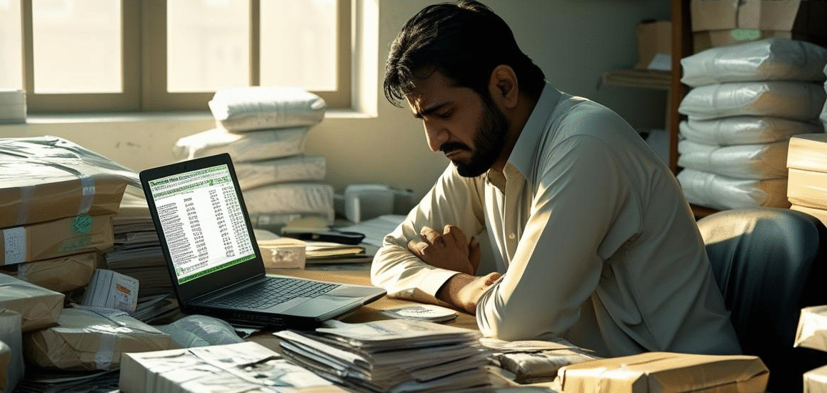 Pakistani business owner looking tired while handling packaging and paperwork at desk