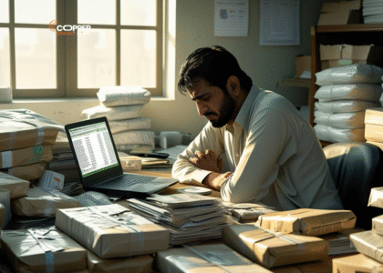 Pakistani business owner looking tired while handling packaging and paperwork at desk