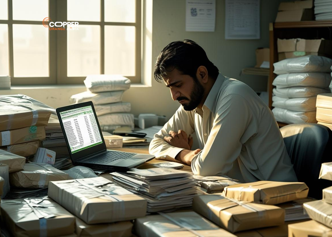 Pakistani business owner looking tired while handling packaging and paperwork at desk