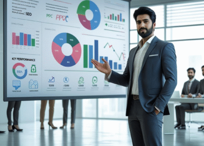 Young Pakistani professionals working in a digital marketing agency office with SEO dashboards on screens