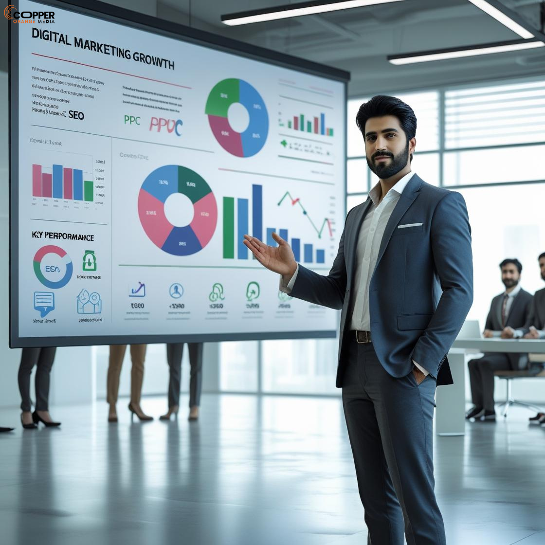 Young Pakistani professionals working in a digital marketing agency office with SEO dashboards on screens