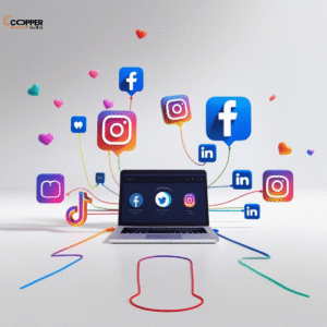Team of marketers analyzing social media engagement and campaign results in a modern office