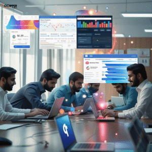 Digital Marketing Services in Pakistan illustration with SEO, social media, and PPC icons