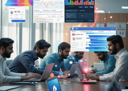 Digital Marketing Services in Pakistan illustration with SEO, social media, and PPC icons