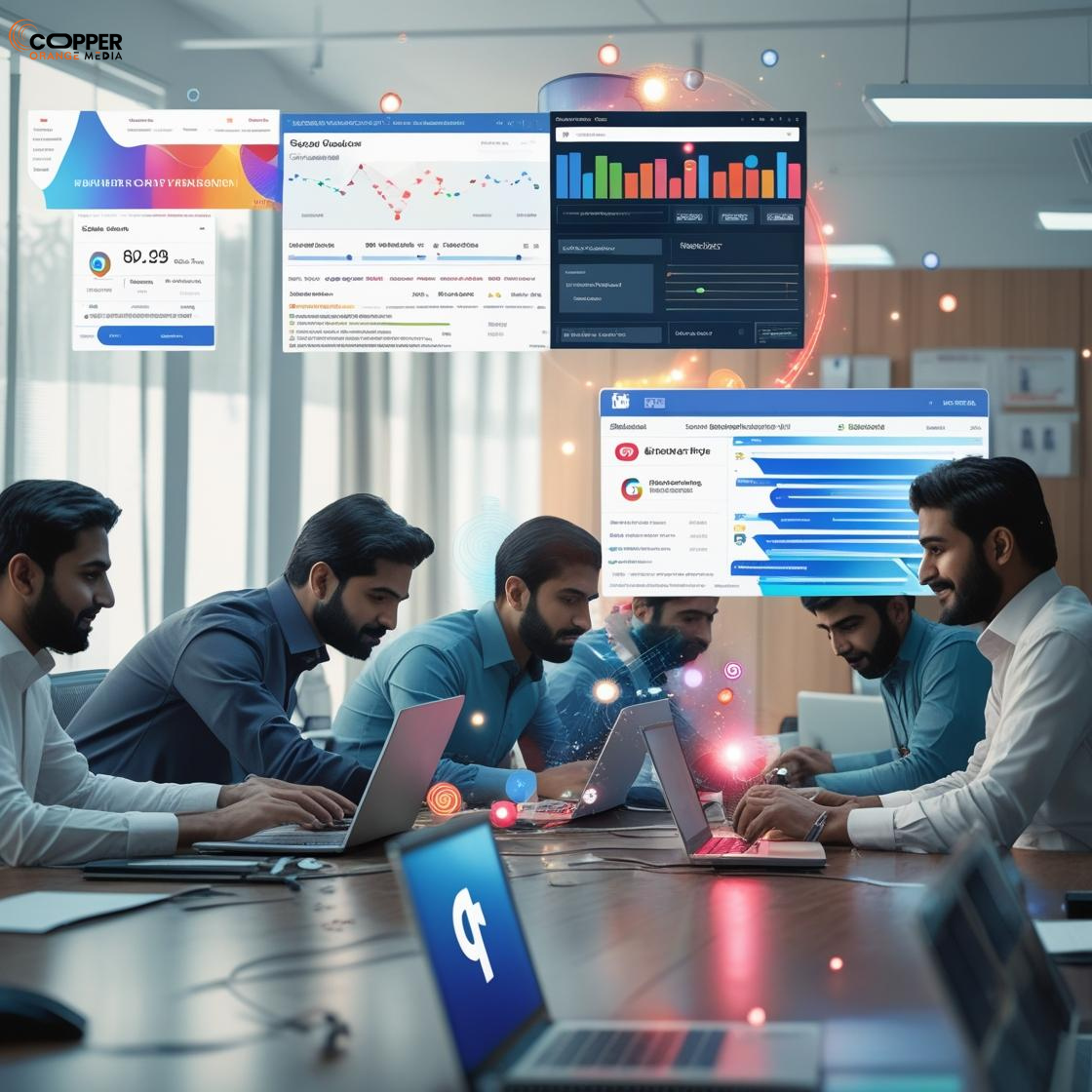 Digital Marketing Services in Pakistan illustration with SEO, social media, and PPC icons