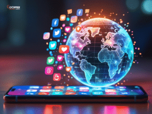 Social media marketing icons with global world map for brand growth