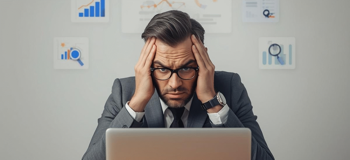 Frustrated business owner looking at Google search results where their site is not ranking on page 1.