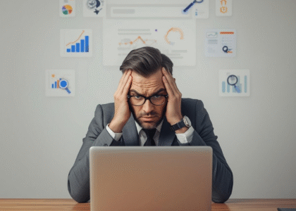 Frustrated business owner looking at Google search results where their site is not ranking on page 1.