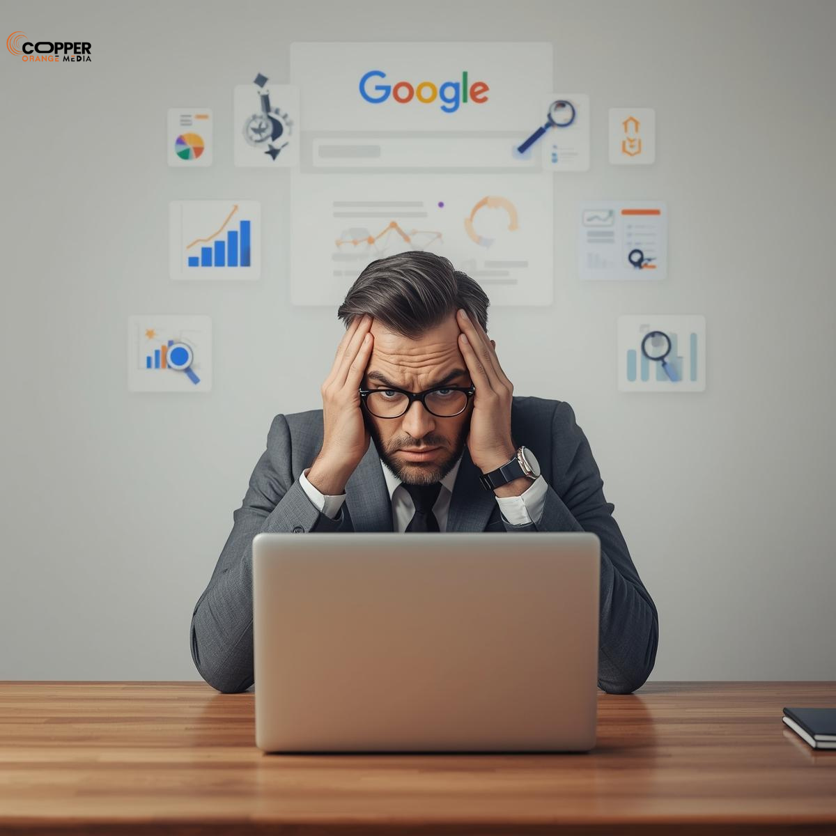 Frustrated business owner looking at Google search results where their site is not ranking on page 1.