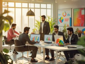 Modern digital marketing office in Lahore with Pakistani professionals working on campaigns.