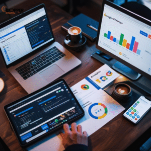 Workspace flat lay with digital marketing tools, keyword research, and PPC dashboards