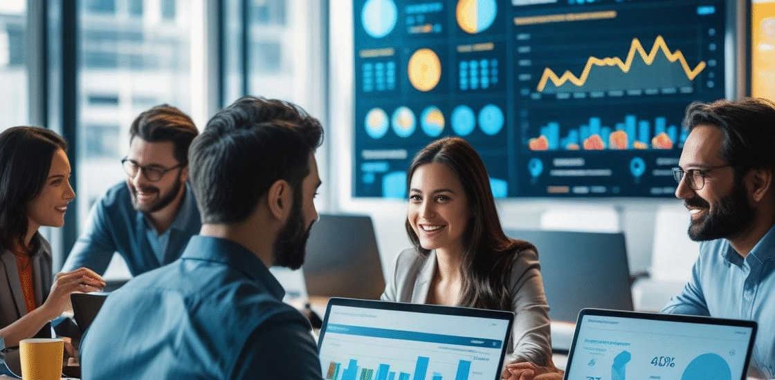 Digital marketing experts collaborating in a modern office on SEO and social campaigns