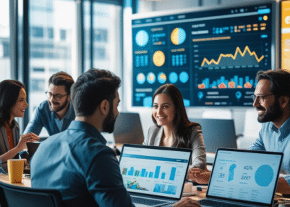 Digital marketing experts collaborating in a modern office on SEO and social campaigns