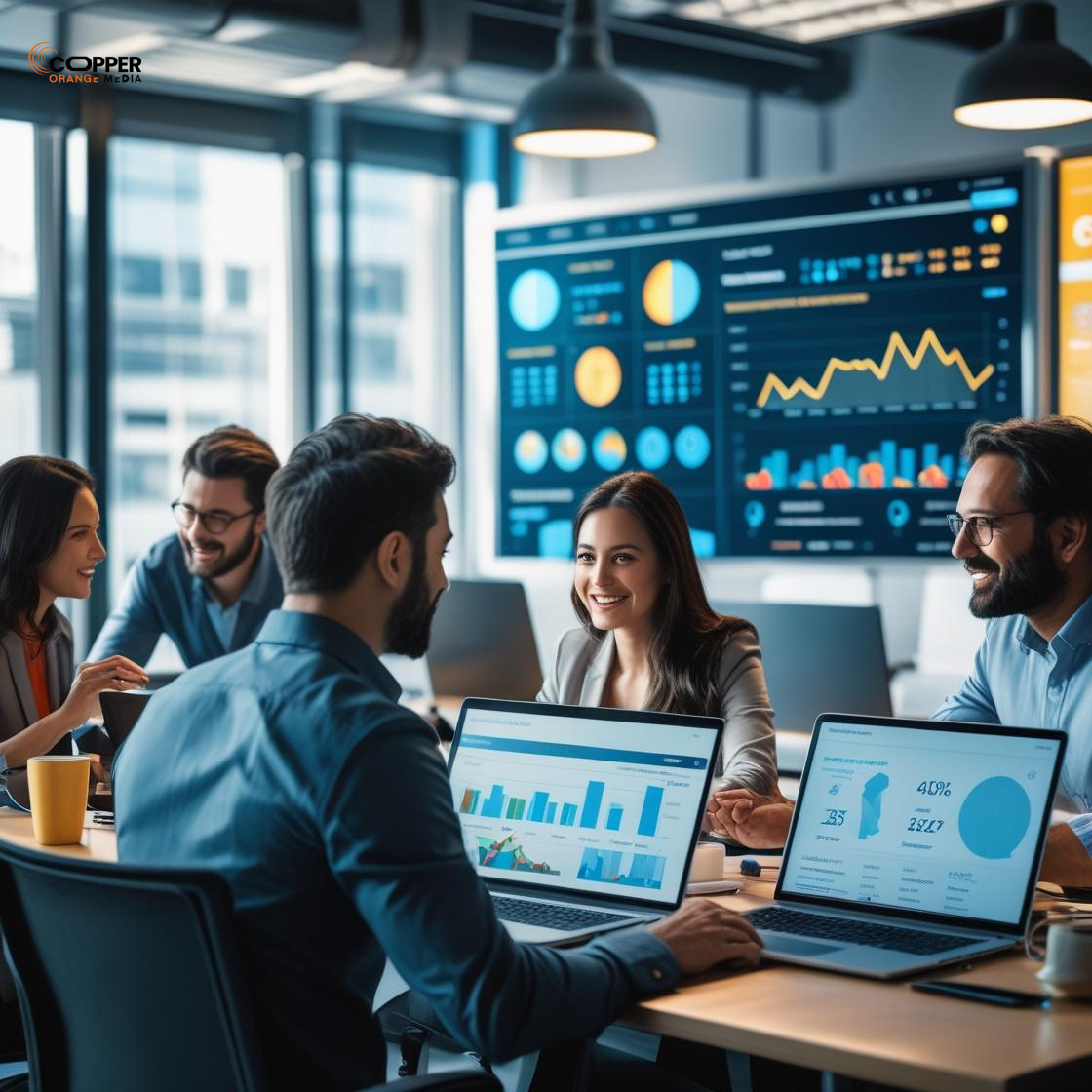 Digital marketing experts collaborating in a modern office on SEO and social campaigns