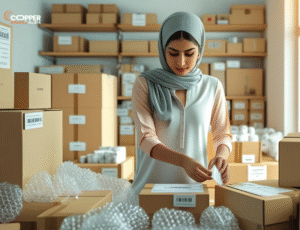 Young Pakistani assistant organizing and labeling packages for delivery