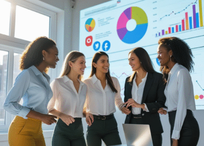Digital marketing agency team working together in a bright modern office