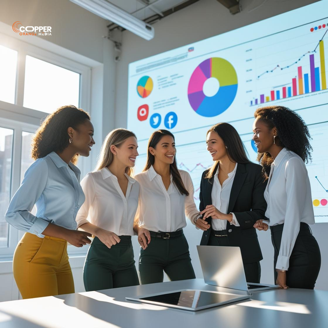Digital marketing agency team working together in a bright modern office