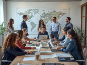 A diverse group of professionals brainstorming global marketing strategies in a modern office, world map and laptops visible, bright and inspiring atmosphere