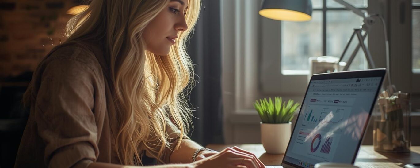 A small business owner using a laptop in a cozy workspace, checking website analytics and social media on screen, representing online brand growth.