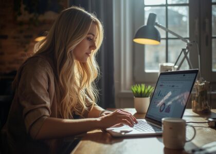A small business owner using a laptop in a cozy workspace, checking website analytics and social media on screen, representing online brand growth.