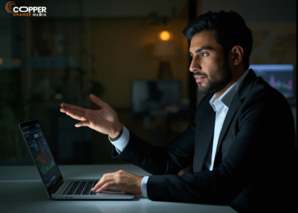 Digital marketer in Pakistan presenting SEO and PPC strategy with analytics and dashboards.