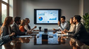 A Pakistani digital marketing team discussing SEO strategies around a table, charts and