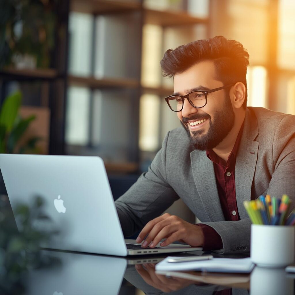 A Pakistani small business owner smiling while looking at a laptop showing high Google search rankings, illustrating business growth through SEO