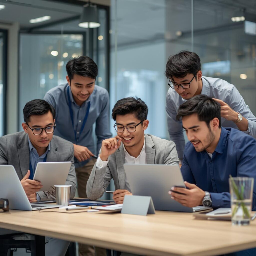 A business team watching marketing videos on laptops and tablets, engaged and discussing ideas,